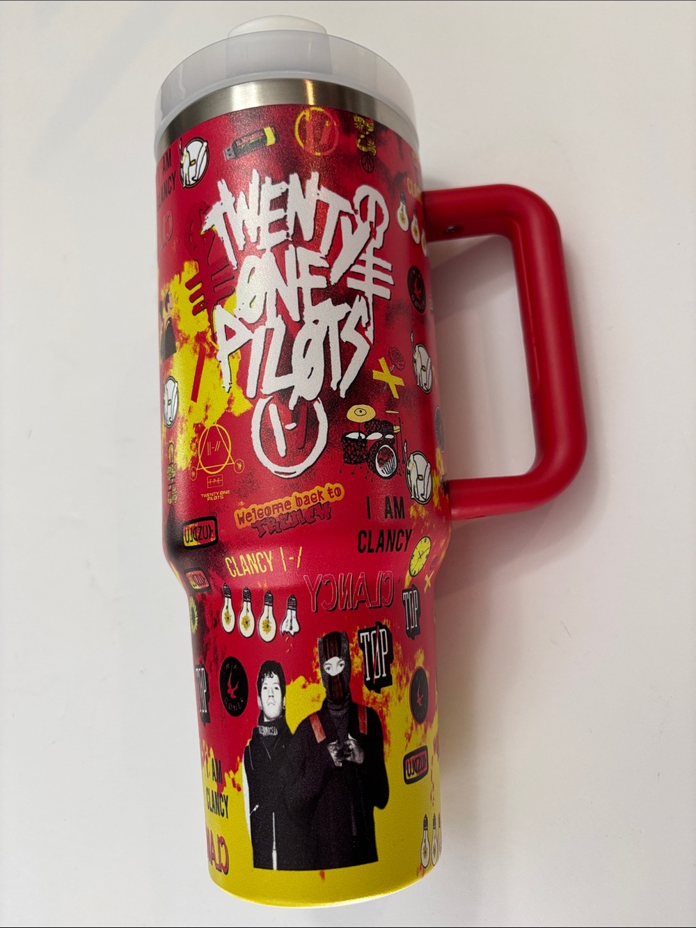 40oz Twenty One Pilots Red & Yellow Stainless Steel Travel Mug with Handle